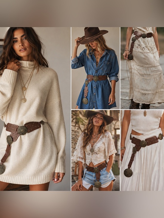 Accessories - Vintage Boho Western Concho Belt Brown Leather Medallion Festival Cowgirl